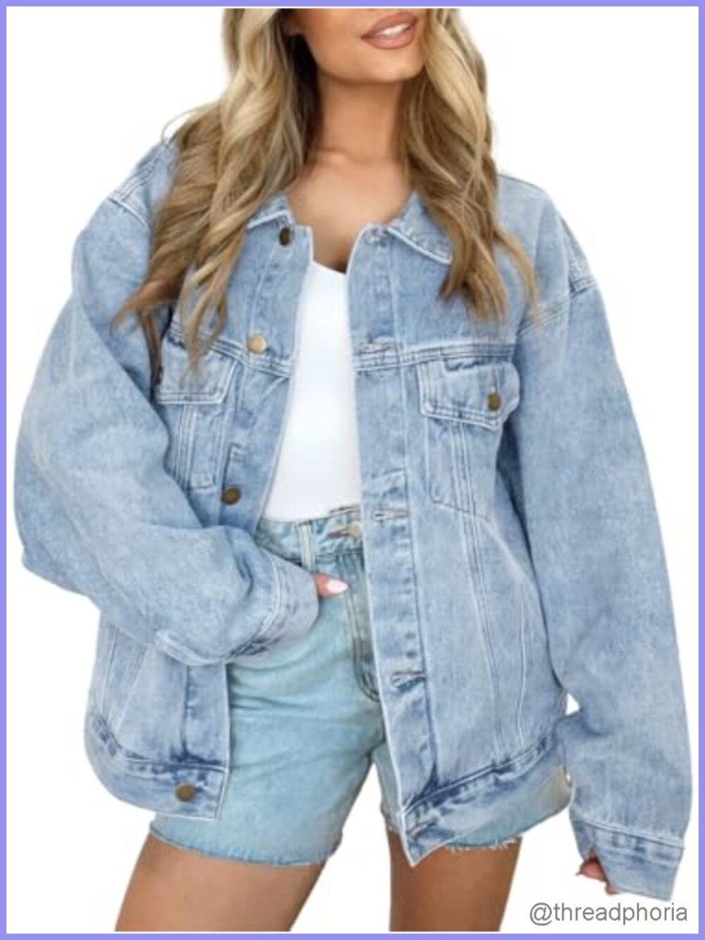 Oversized Button Down Denim Jacket Distressed Boyfriend Fit